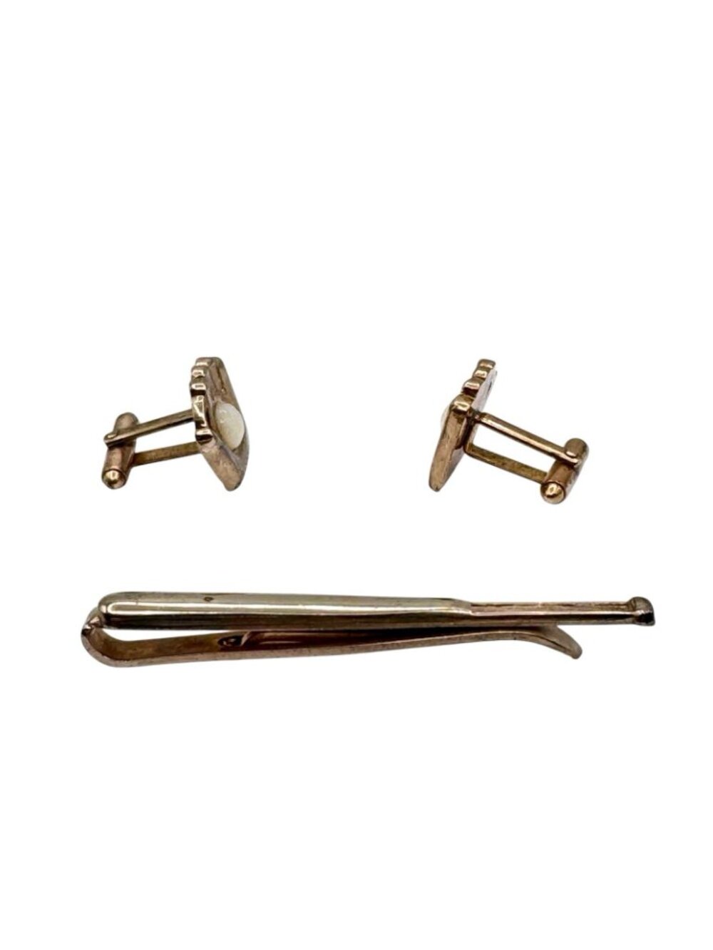 Baseball Motif Cuff Links Tie Clip MOP Baseball in Mitt Gold Tone Vintage 1950s - Picture 7 of 9